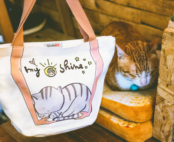 刺繡熟睡灰貓帆布托特包My Sunshine Embroidery Grey Cat Small Canvas Bag